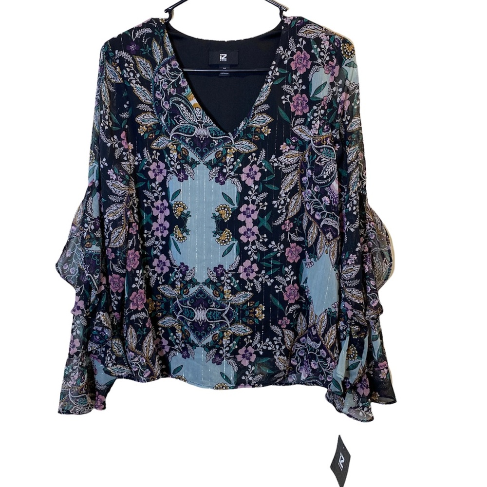 NWT iZ Byer Floral Boho  Floral Flute Sleeve Blouse Size M